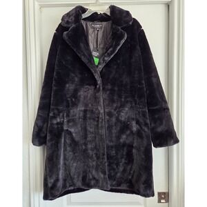 Coalition LA Black Faux Fur Plush Long Teddy Coat Jacket Snap Front Pocket Sz XL